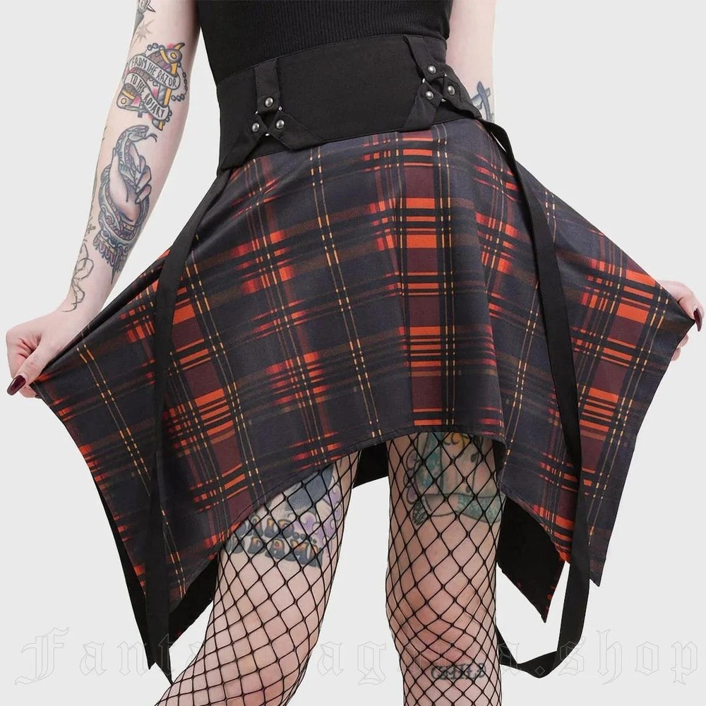 Killstar amberic skirt orange plaid suspenders strappy